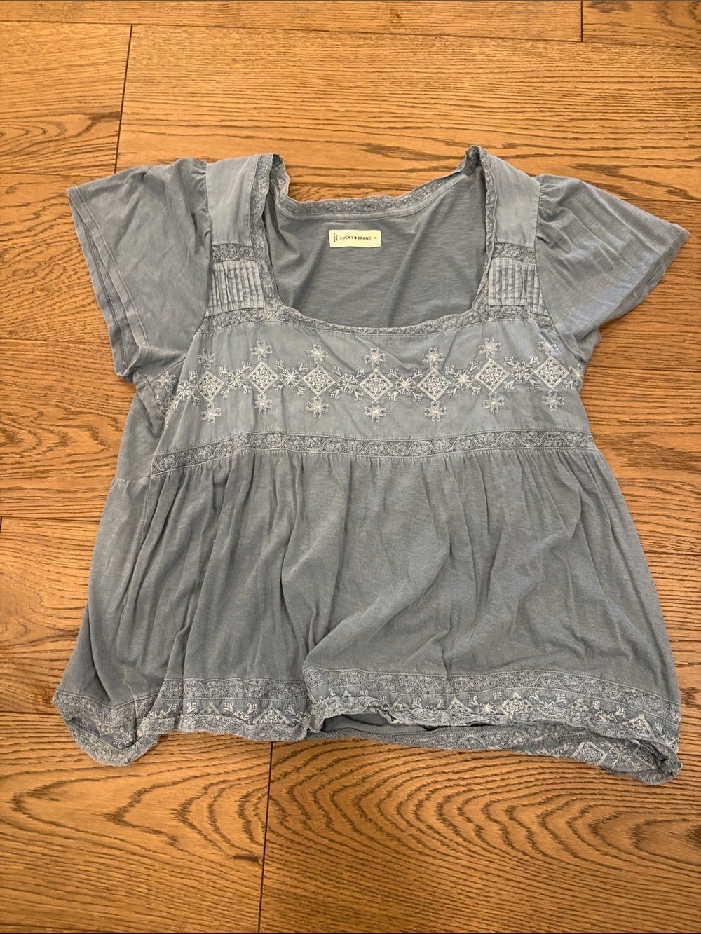 Lucky Brand Light Blue Embroidered Scoop Neck Tee